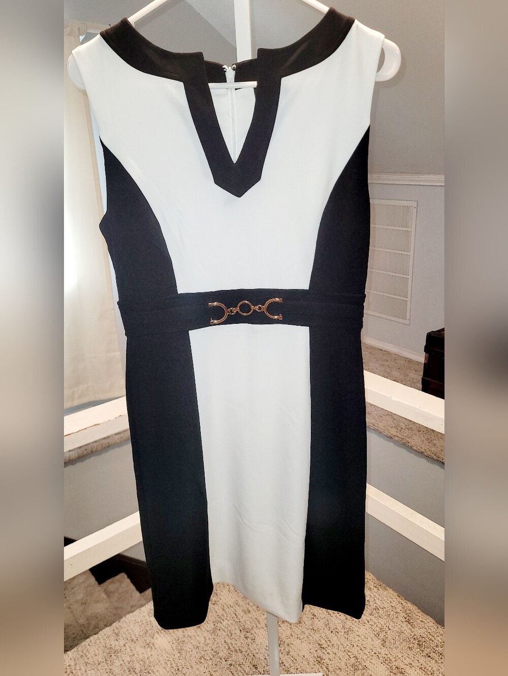 Tahari Black and White Colorblock Midi Dress with Gold Accent